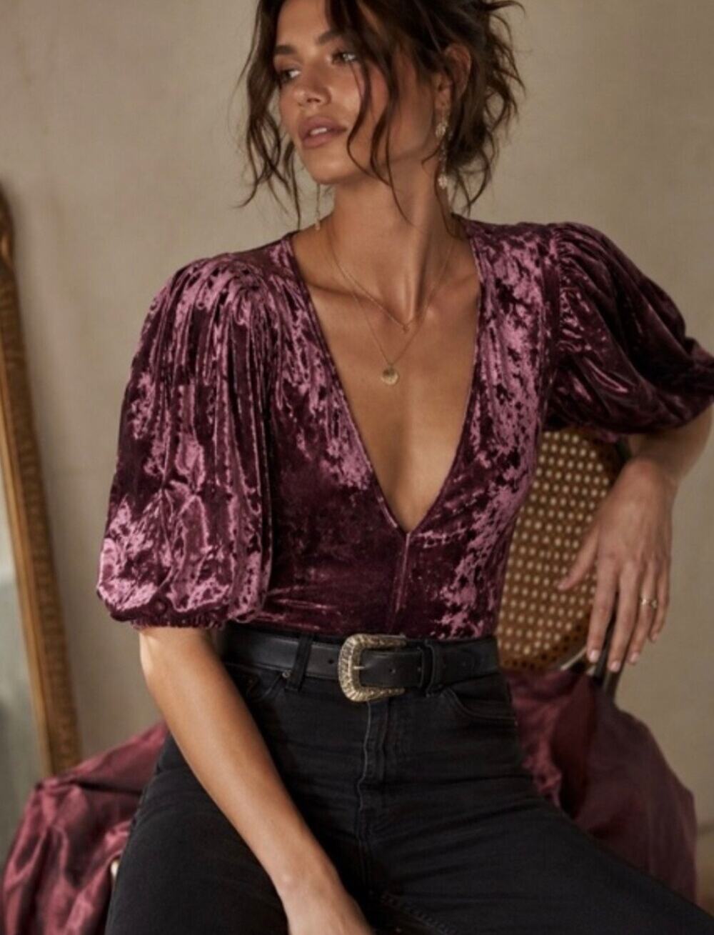 New with Tags Free People Don’t You Wish Velvet Bodysuit Color Plum Size: Small